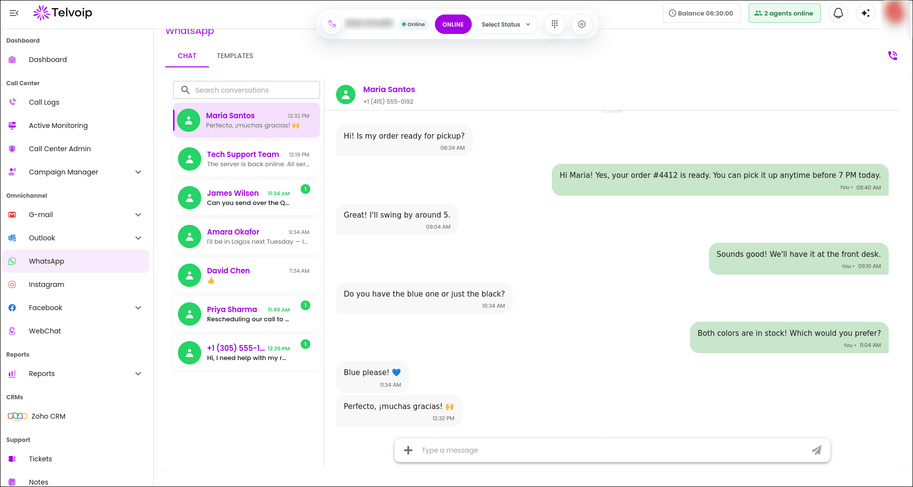 WhatsApp calling now lives inside the same customer workspace