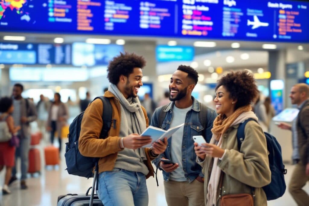 Travelers receiving support in an airport or travel hub.